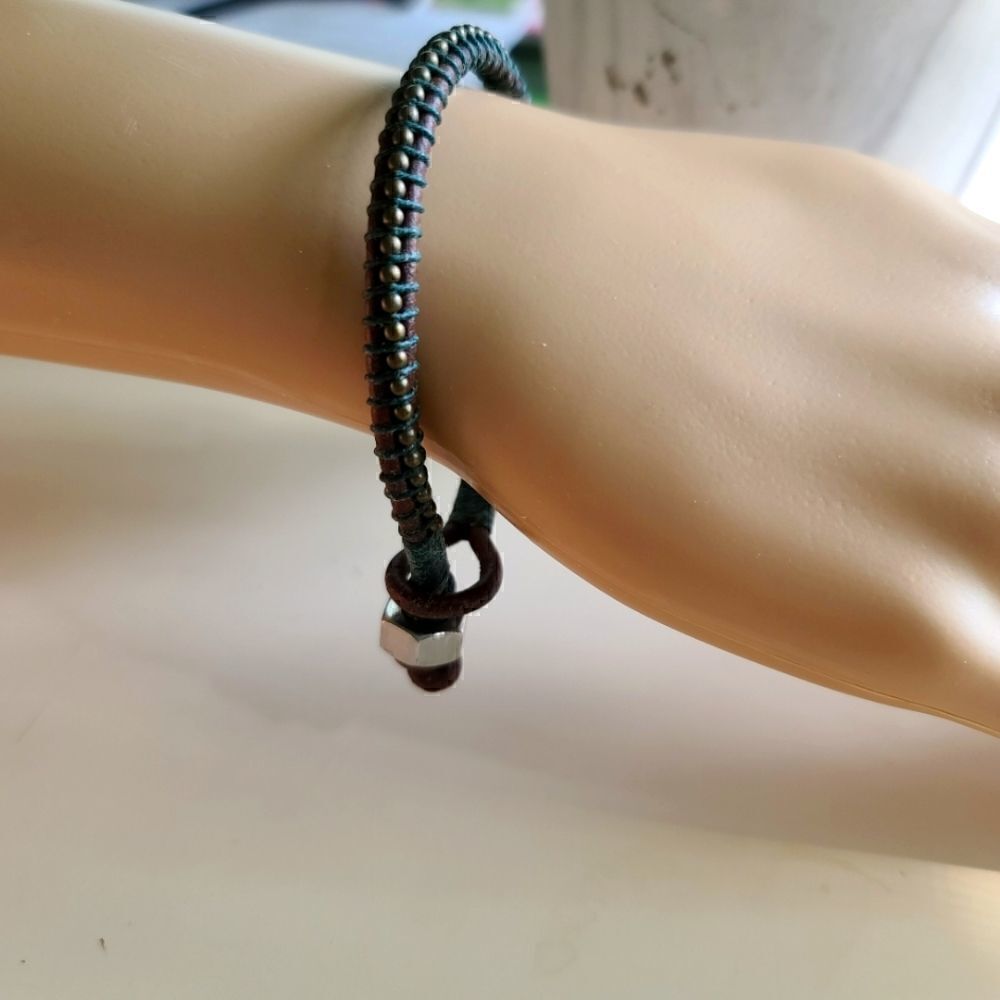 Leather Handcrafted Bracelet Black Straps with Gray 6.75”